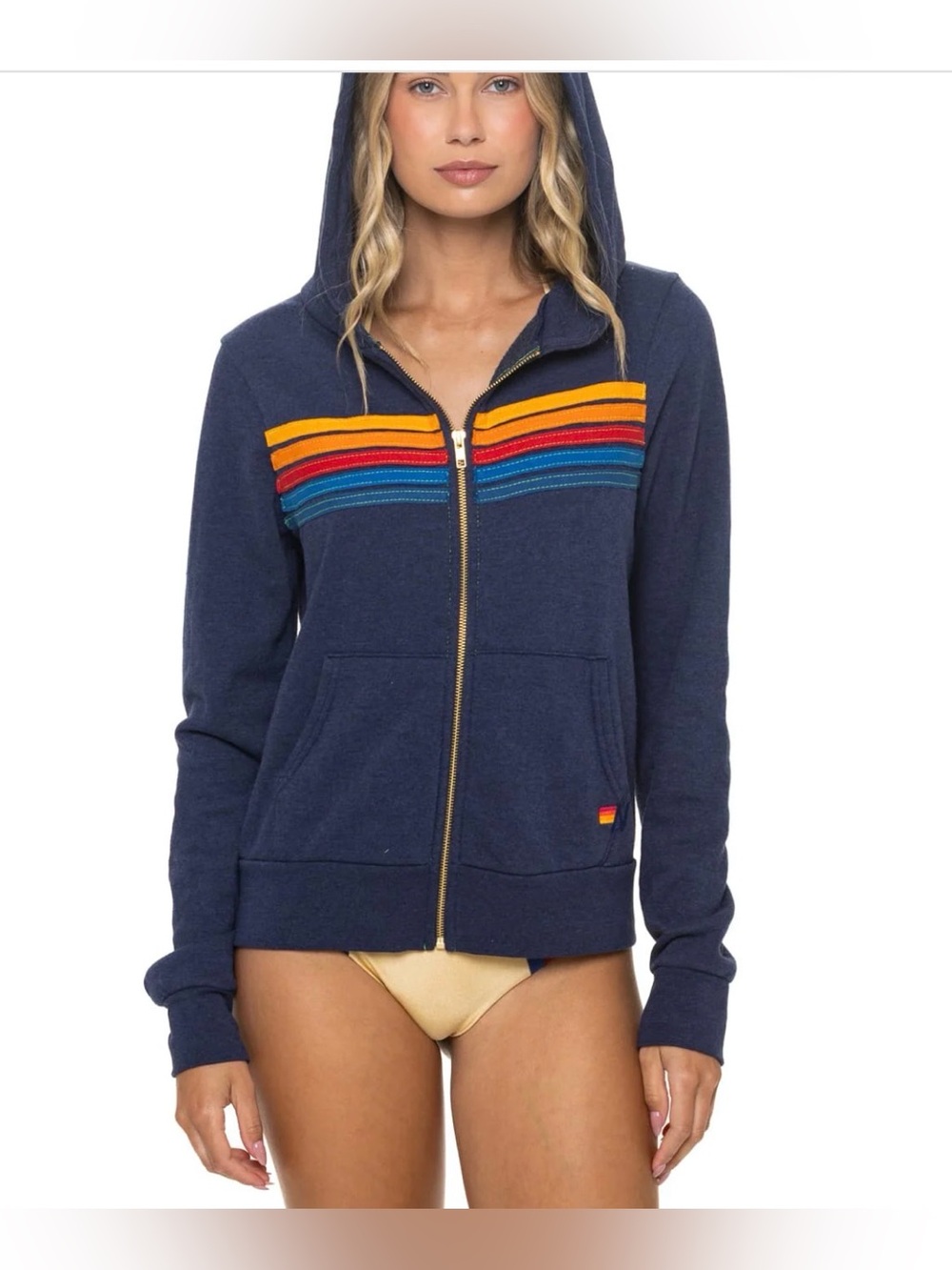 Aviator Nation Navy Zip Hoodie with Rainbow Chest Stripes